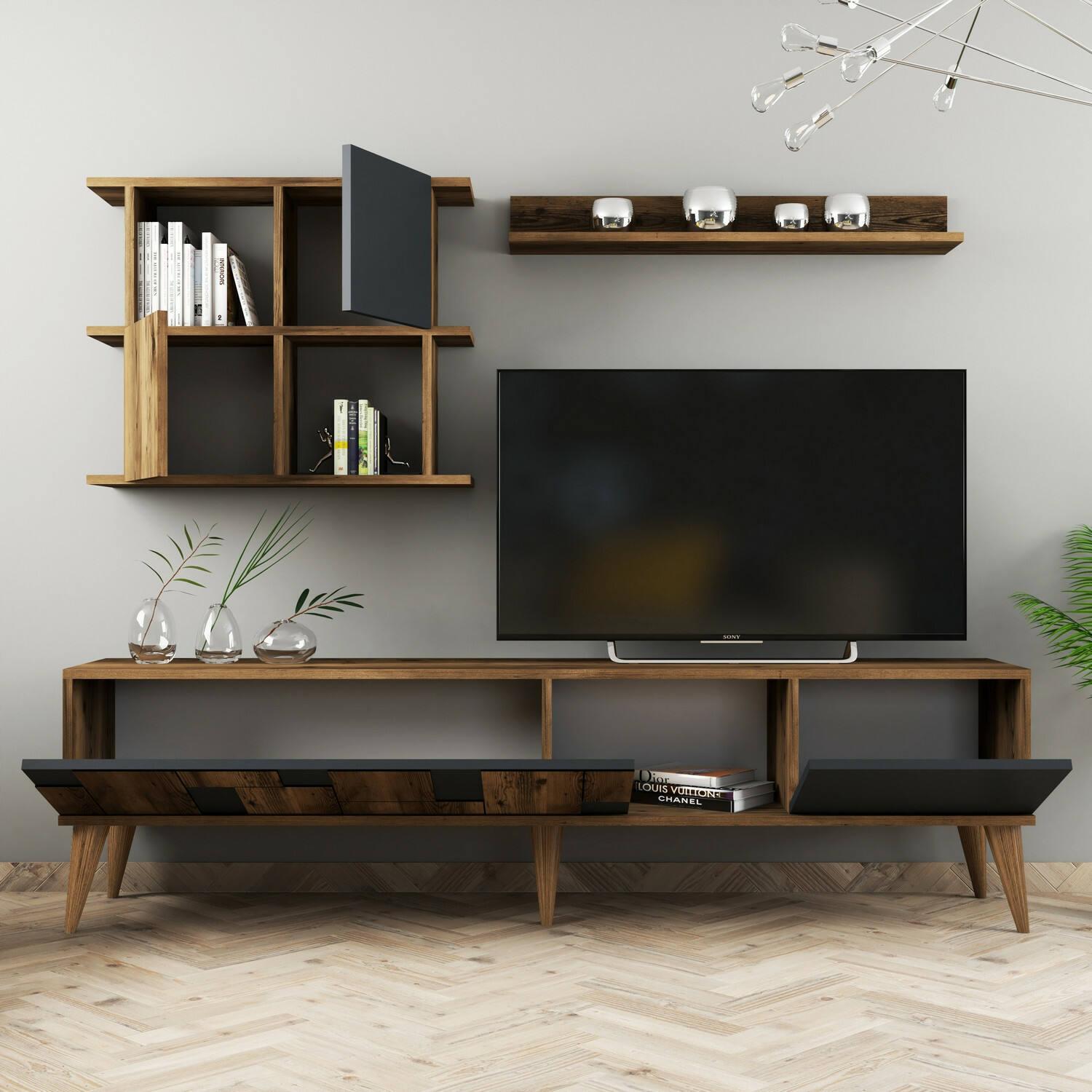 Mobile porta TV Docchiut, Credenza da soggiorno, Armadio basso per TV, Base parete attrezzata, 180x34h49 cm, Noce e Antracite