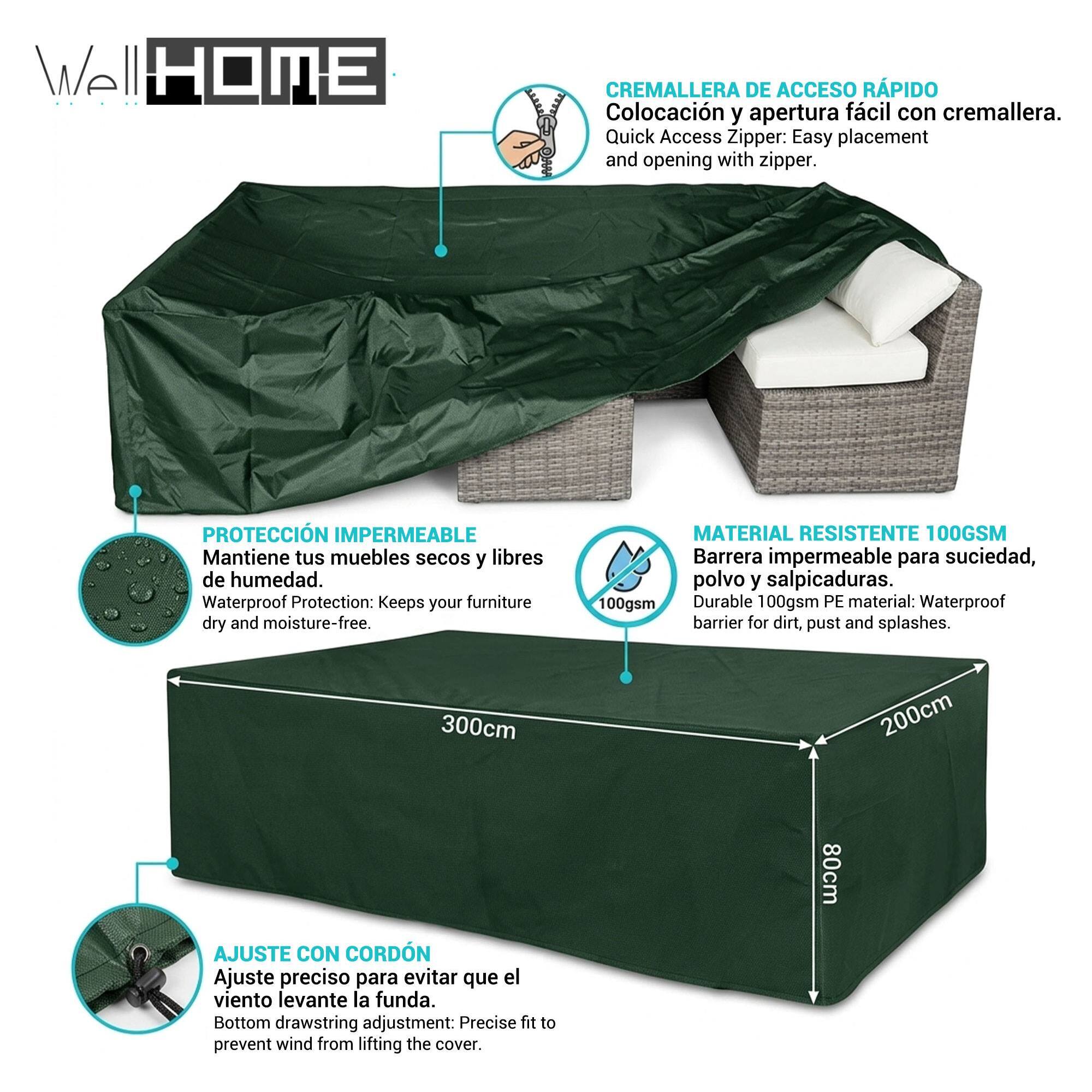 Funda para loungeset 300x200x80cm color verde oscuro, 100gsm, con cremallera