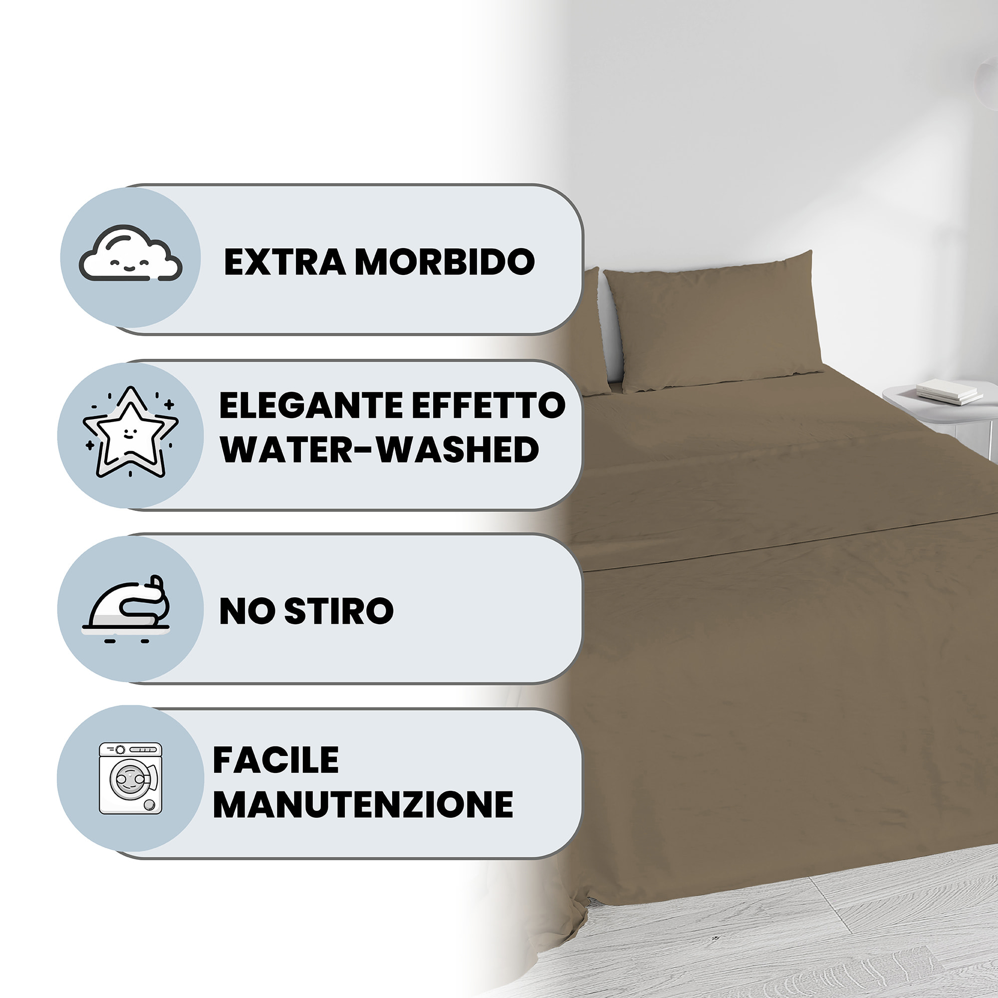 COMPLETO LETTO WATER WASHED, 100% Microfibra, No Stiro - NOCCIOLA