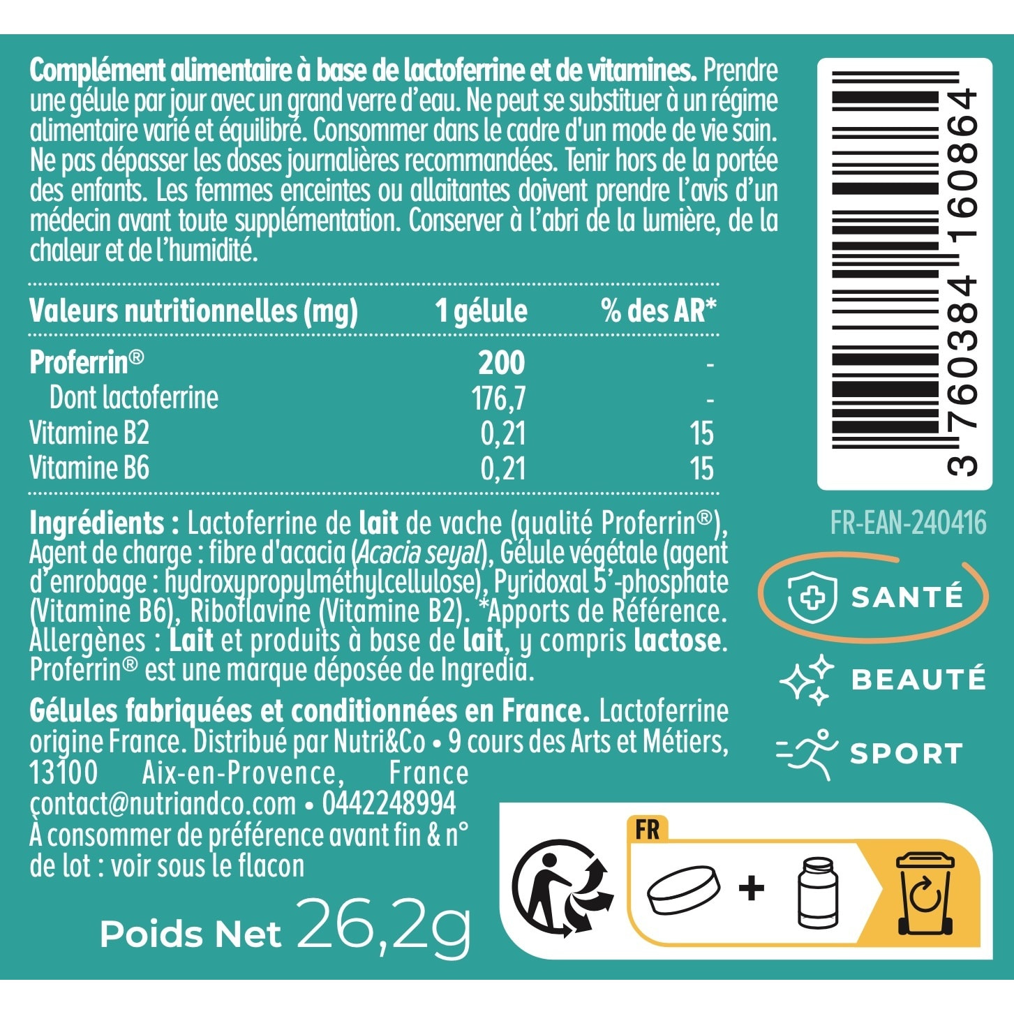 Nutri&Co Lactoferrine Brevetée Proferrin® - Système Immunitaire - 60 gélules Vegan
