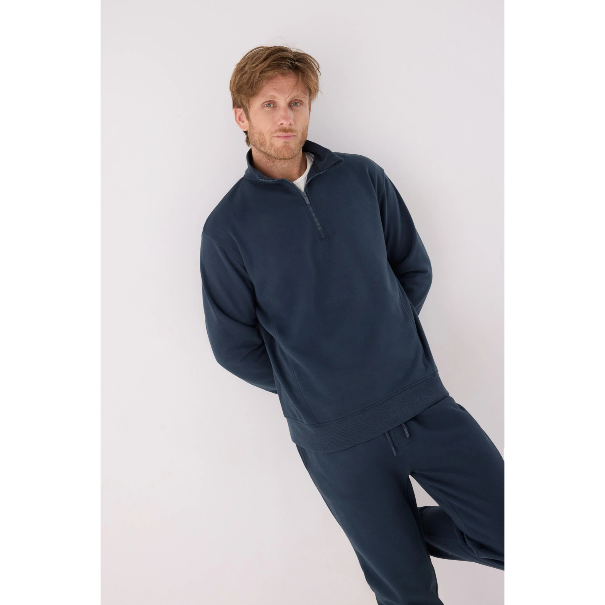 Sudadera deportiva hombre afelpada semi cremallera azul marino