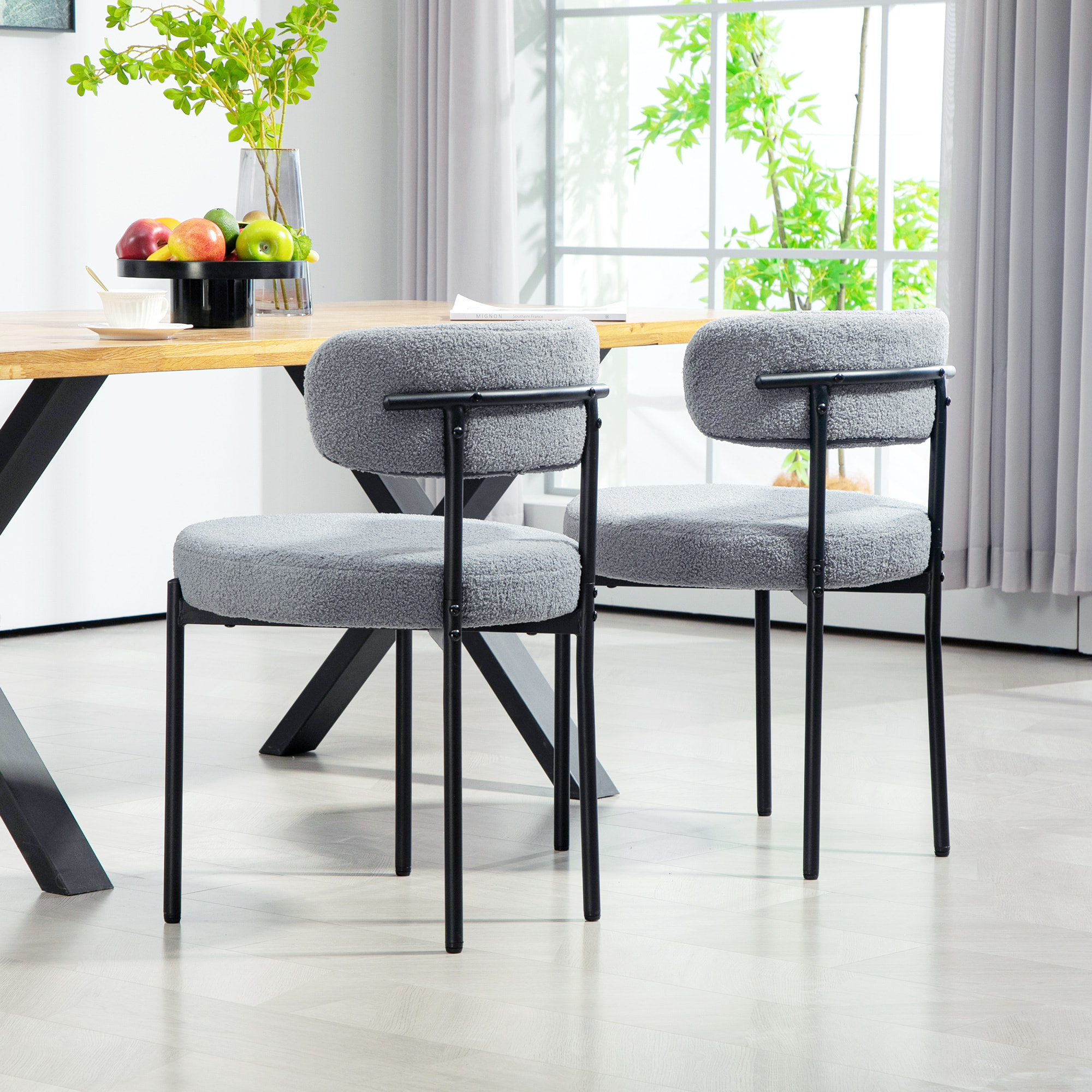Lot de 2 chaises de salon style néo-rétro - assise ronde, dossier enveloppant - acier noir effet laine bouclée gris