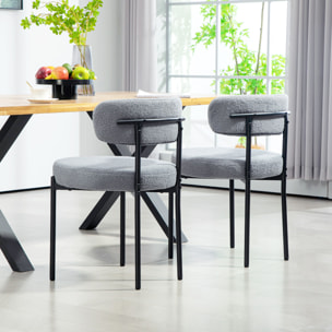 Lot de 2 chaises de salon style néo-rétro - assise ronde, dossier enveloppant - acier noir effet laine bouclée gris