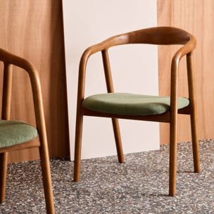 Fauteuil vintage bois d'hévéa teinté noyer et velours côtelé (lot de 2) SARA