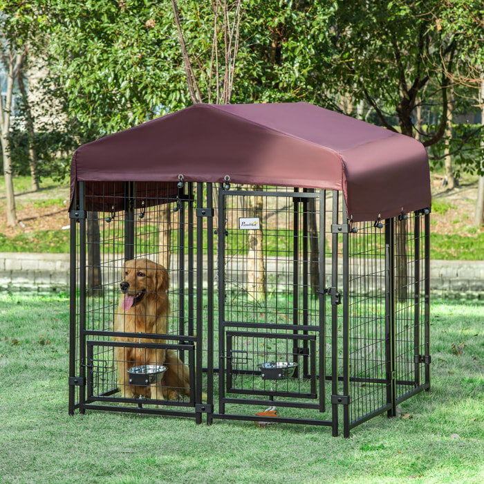 Chenil extérieur pour chien - cage chien - enclos chien - toile toit imperméable anti-UV, porte verrouillable, 2 bols rotatifs - acier noir oxford pourpre