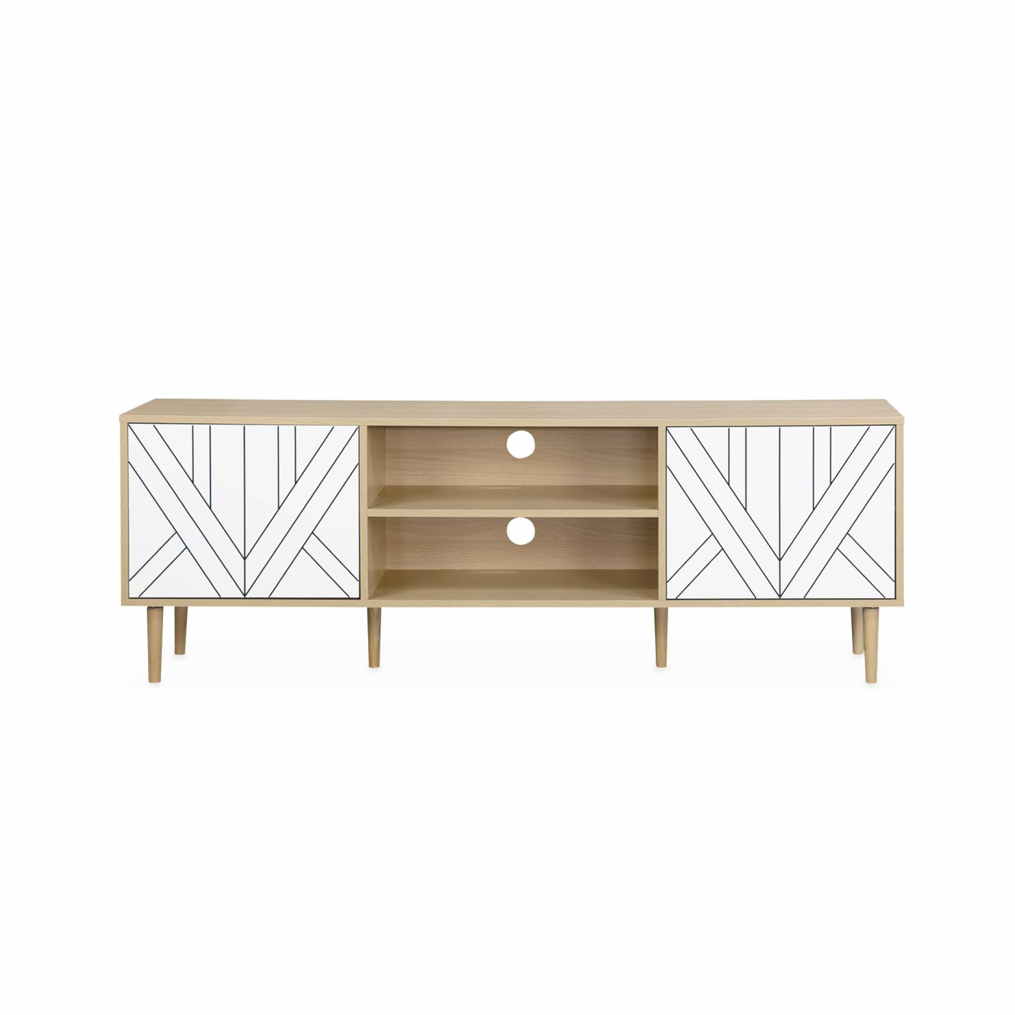 Meuble TV décor bois & blanc - Mika - 2 niveaux. 3 étagères. 2 portes. L 160 x l 40 x H 56cm