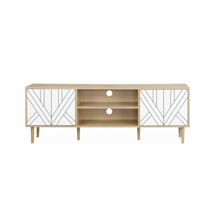 Meuble TV décor bois & blanc - Mika - 2 niveaux. 3 étagères. 2 portes. L 160 x l 40 x H 56cm