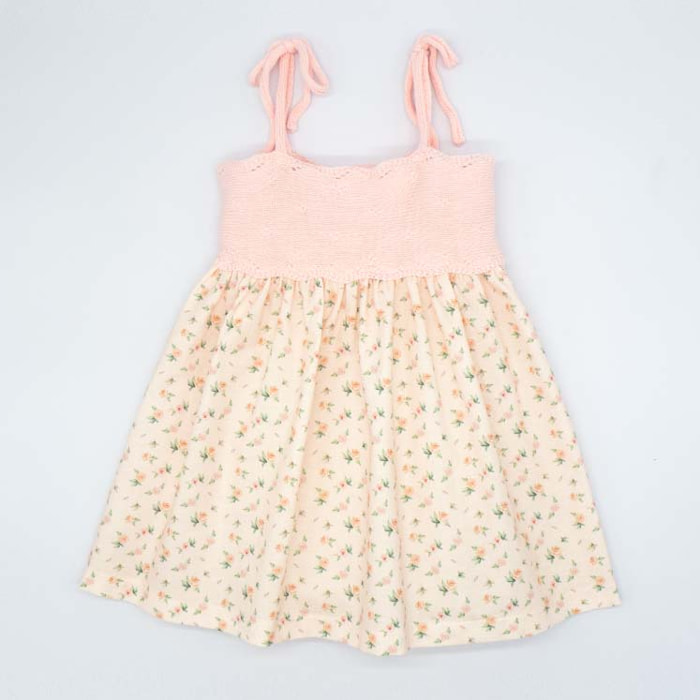 VESTIDO CUERPO DE TRICOT Y FALDA DE FLORES ROSA