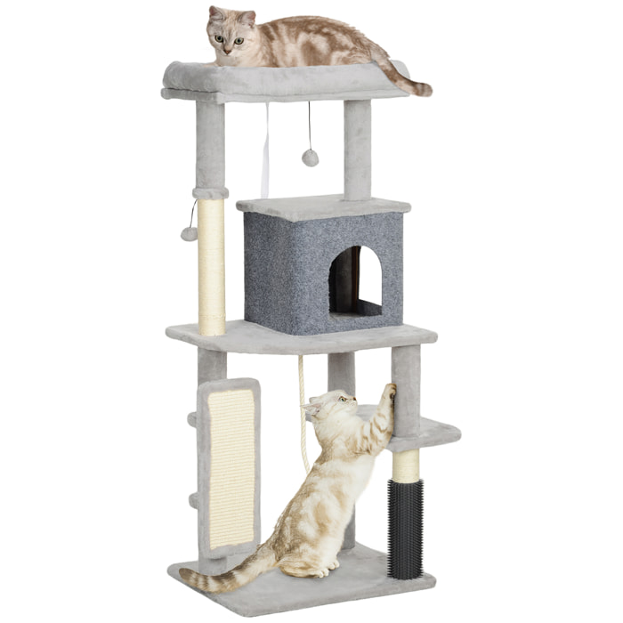 Árbol Rascador para Gatos Altura 132 cm Árbol para Gatos Torre para Gatos con Plataformas Poste con Cepillo Bolas Colgantes y Almohadilla para Rascar Gris Claro