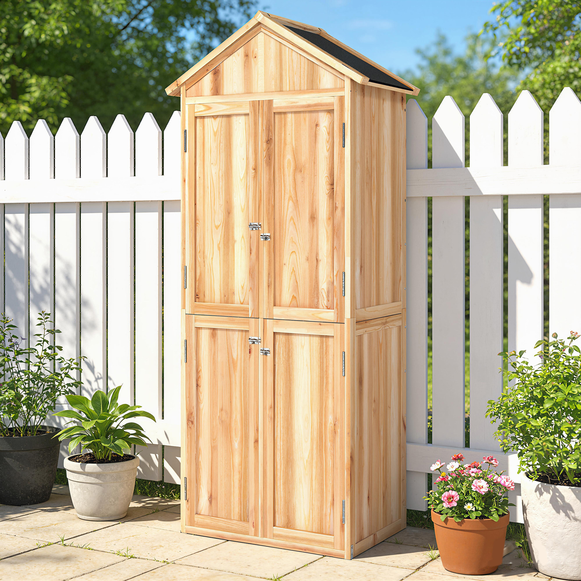 Armoire de jardin bois 4 portes 4 niv. rangement toit double pente bitumé