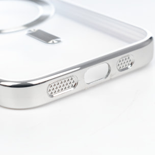 Custodia trasparente con fotocamera coperta, bordi argentati, antiurto e resistente alle impronte. Magsafe per iPhone 16.