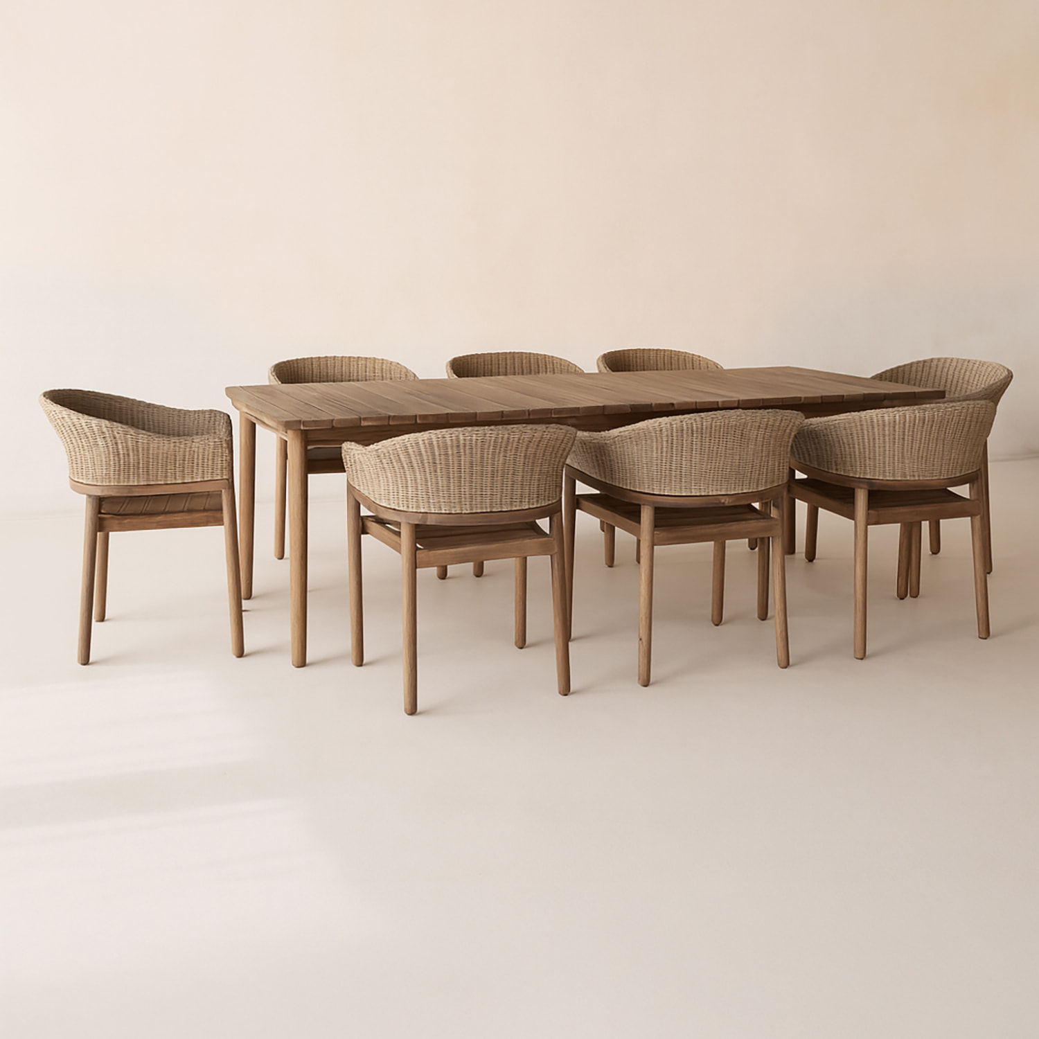 Ensemble table et 8 fauteuils de jardin en bois d'acacia et osier brun ALHAMBRA