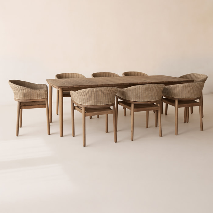 Ensemble table et 8 fauteuils de jardin en bois d'acacia et osier brun ALHAMBRA