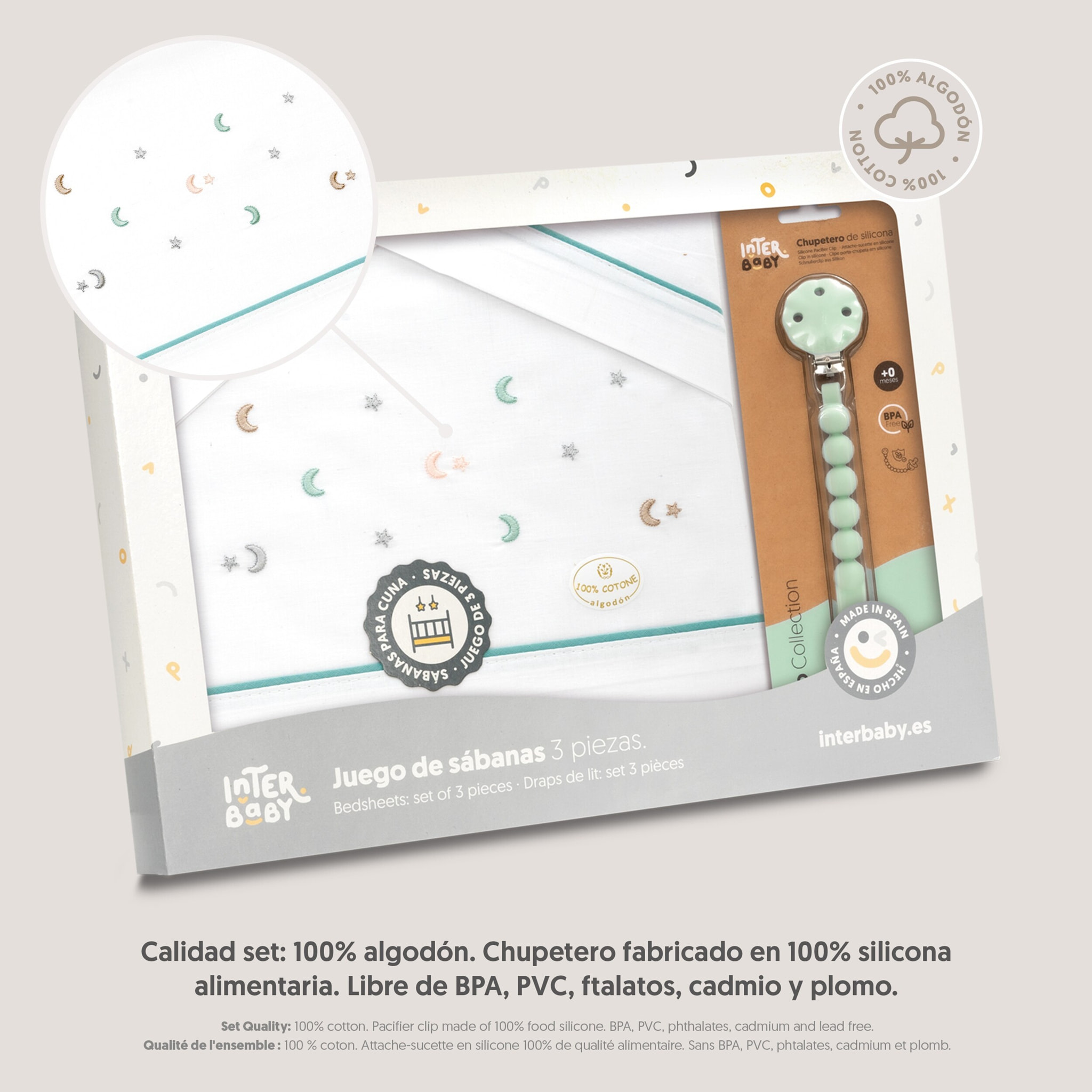 Triptico Cuna Estrella Luna Multicolor + Broche Bco/Verde