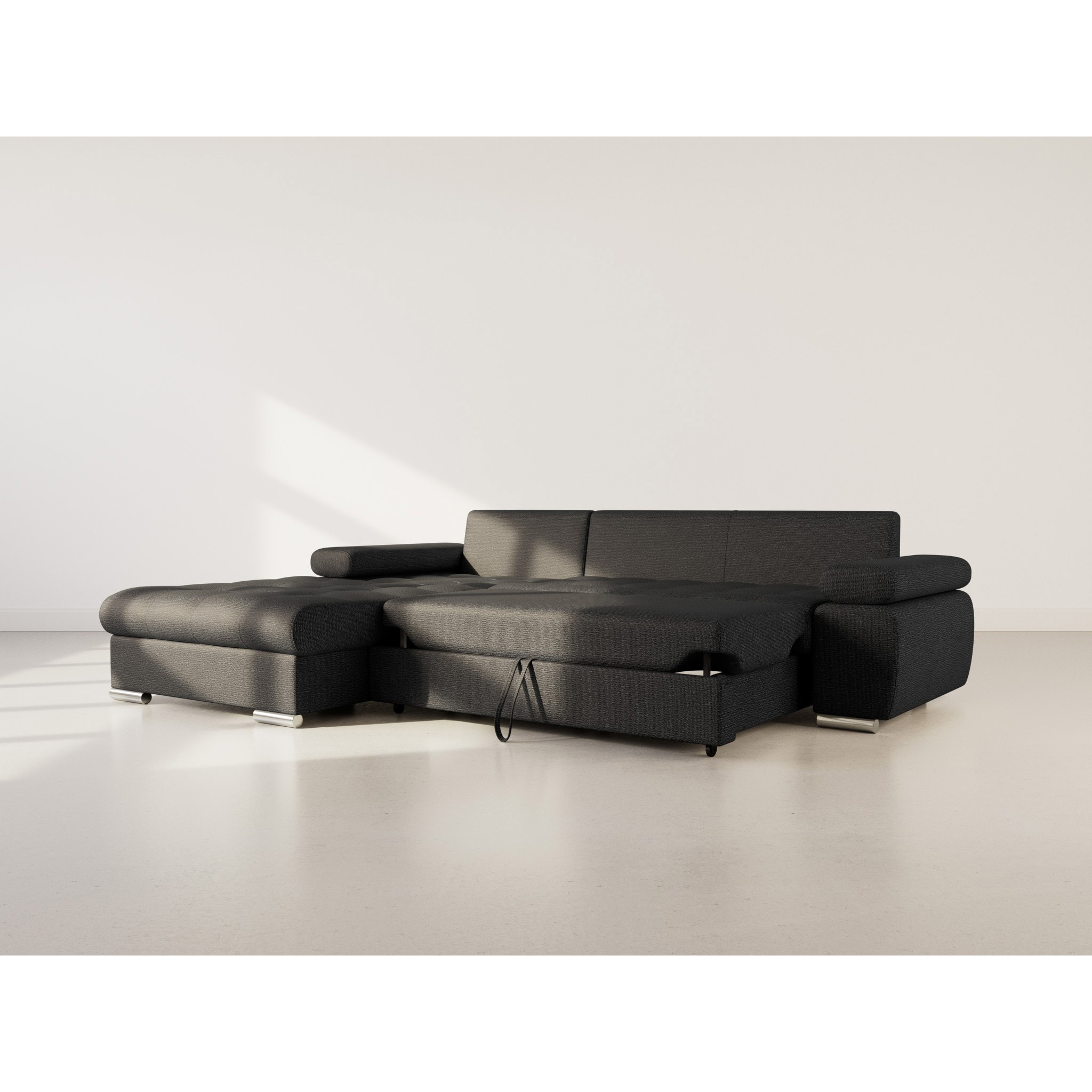 Bianca - Canapé d'angle gauche 4 places convertible avec coffre en tissu texturé - Noir