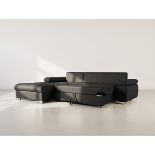 Bianca - Canapé d'angle gauche 4 places convertible avec coffre en tissu texturé - Noir