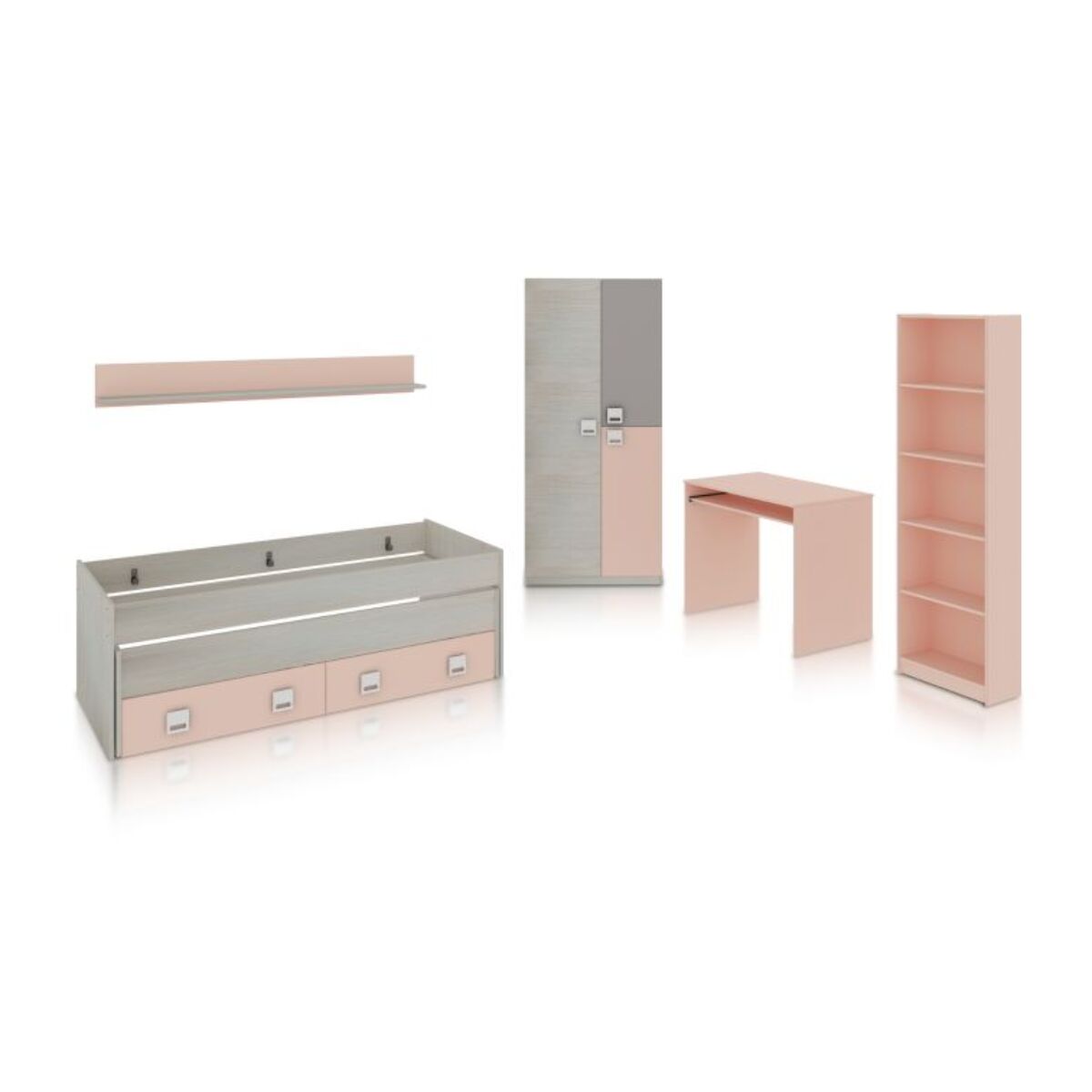 Dormitorio juvenil Kenia Max Blanco Alpes - Rosa y Gris