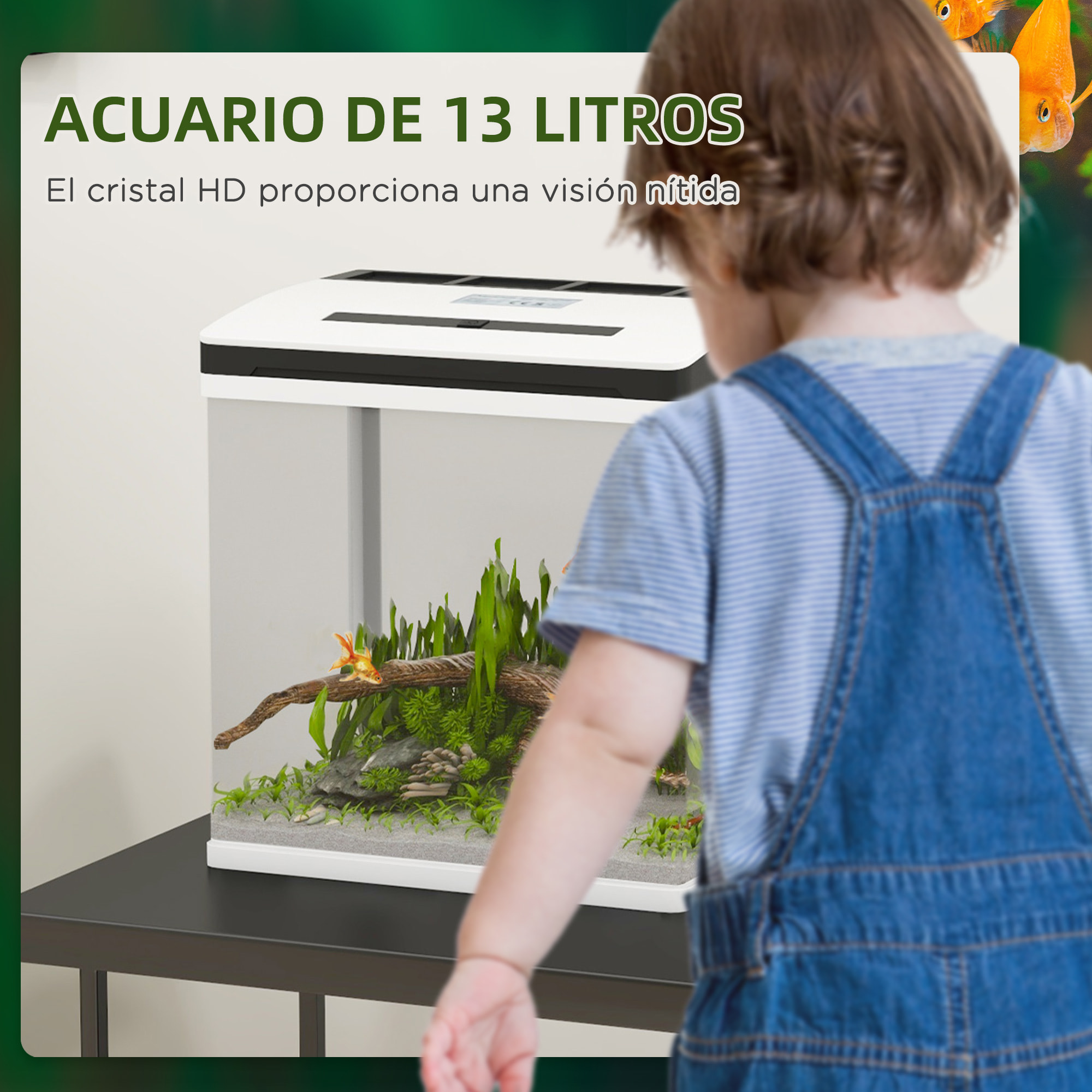 Acuario de Cristal de 13L Pecera Pequeña con Sistema de Filtro Iluminación LED Bomba de Agua 29x20x30,5 cm Blanco