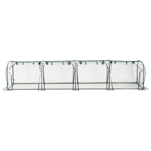 Serre de jardin tunnel 3,95L x 1l x 0,8H m 4 portes zippées bâche PVC transparent acier thermolaqué vert