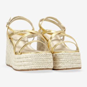 Sandalias de cuña doradas con plataforma de esparto
