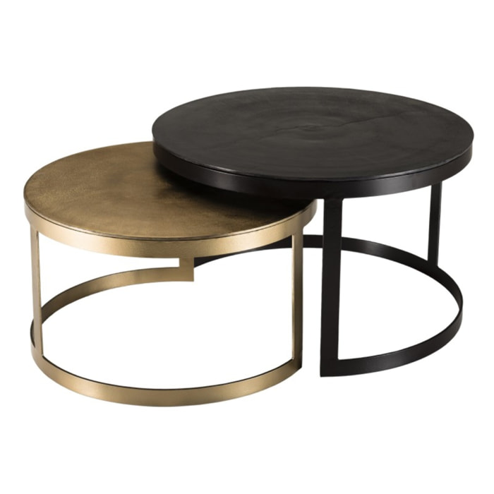 JOHAN - Set de 2 tables gigognes ceinturées rondes aluminium noir doré - pieds métal demi-cercle