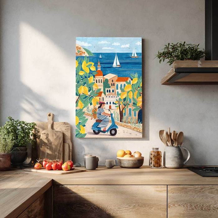 Tableau bord de mer Amalfi en Vespa Vintage Tableau alu Dibond