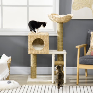 PawHut árbol Rascador para Gatos Medianos Altura 100,5 cm Torre para Gatos con Cama Superior y Cueva de Totora 2 Cojines 2 Postes Escalera 57x37x100,5 cm Natural