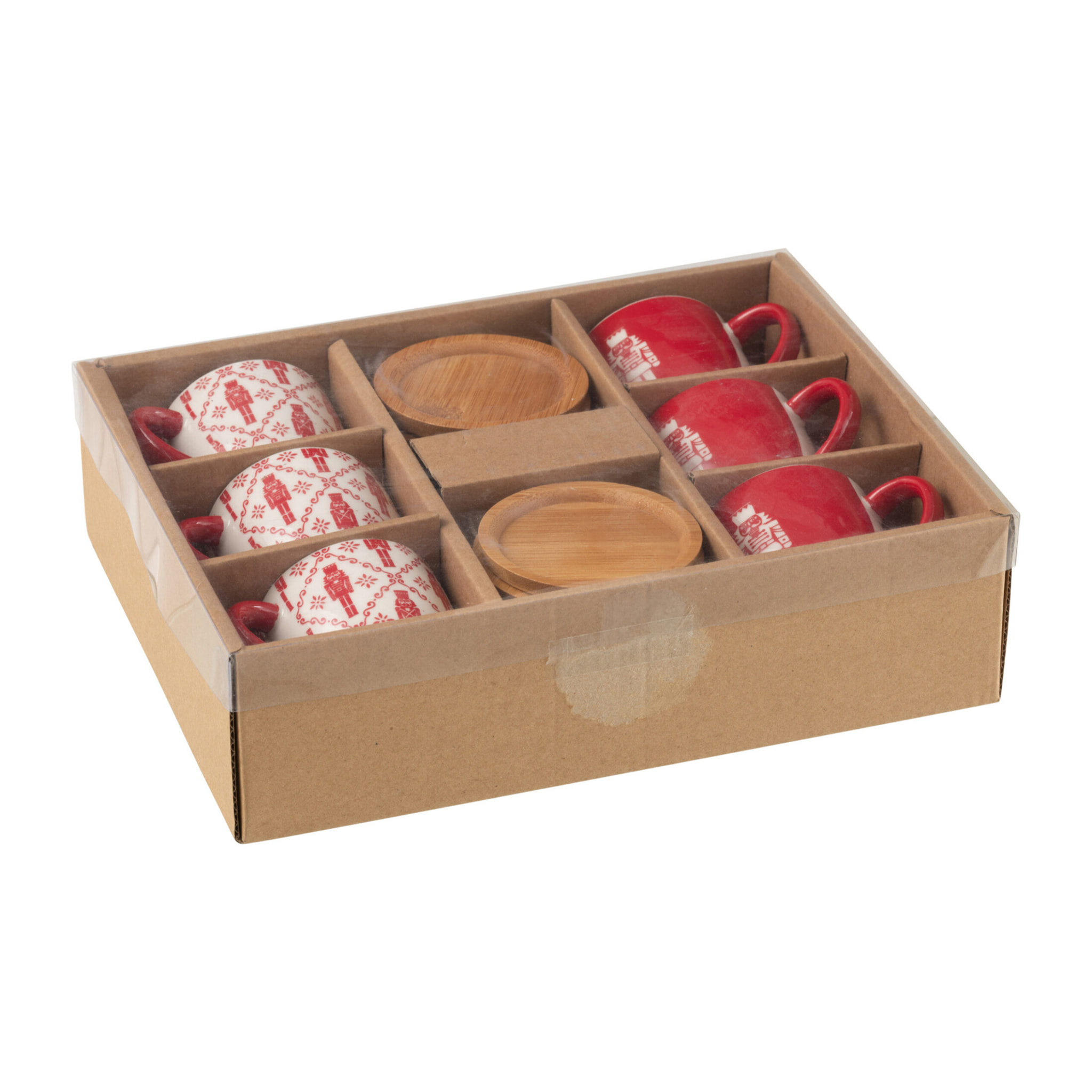 J-Line tasse à café + sous-tasse Casse-Noisette - bambou/céramique - rouge - boîte de 6