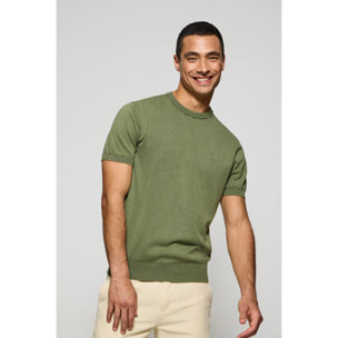 Maglione verde chiaro a maniche corte e tintura in capo con logo ricamato