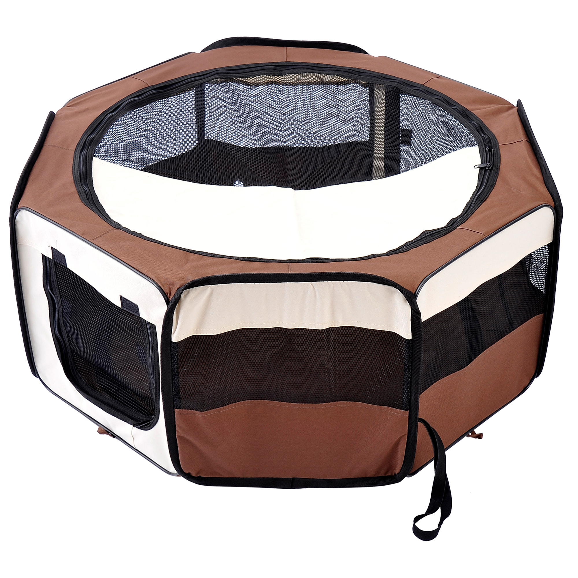 Parc enclos pliable chien chat Ø 90 x 41H cm - 2 portes, 2 poches, sac transport - acier Oxford marron beige