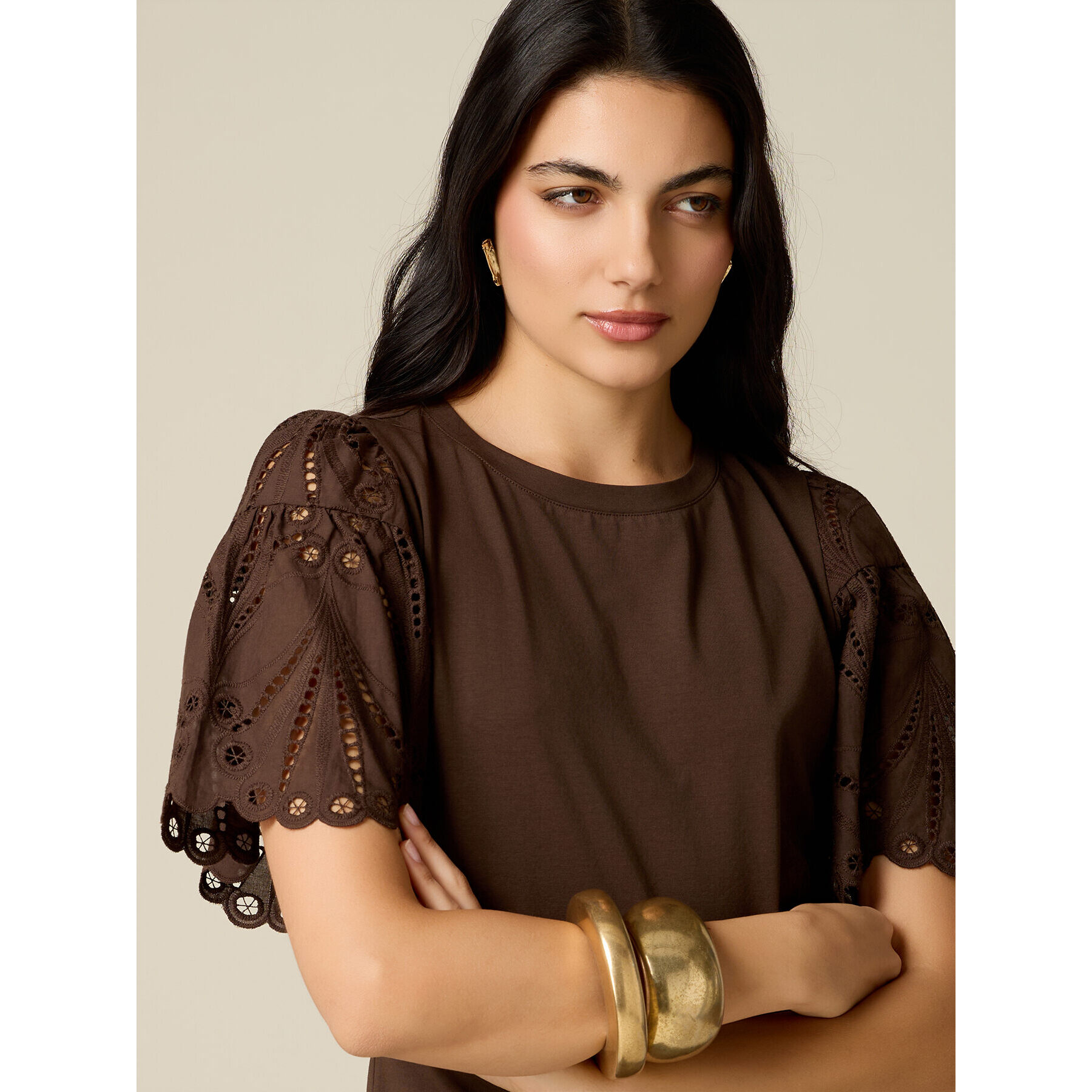 Oltre - T-shirt con maniche in sangallo - Marrone