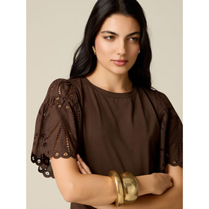 Oltre - T-shirt con maniche in sangallo - Marrone