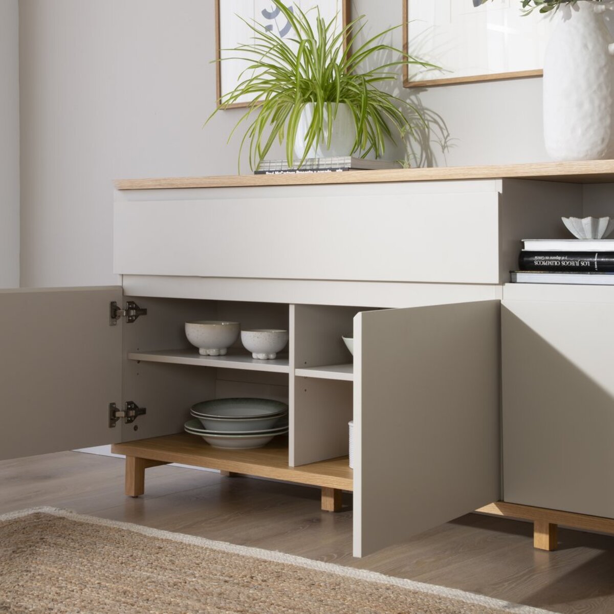 Buffet Ellinor -tableau en chêne et panneau mdf-couleur chêne/beige 170 x 80 x 40 cm