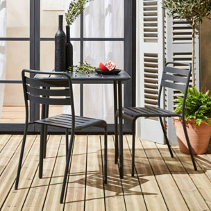 Table de jardin métal + 2 assises anthracite Amélia. lattes et bords arrondis. traitement antirouille