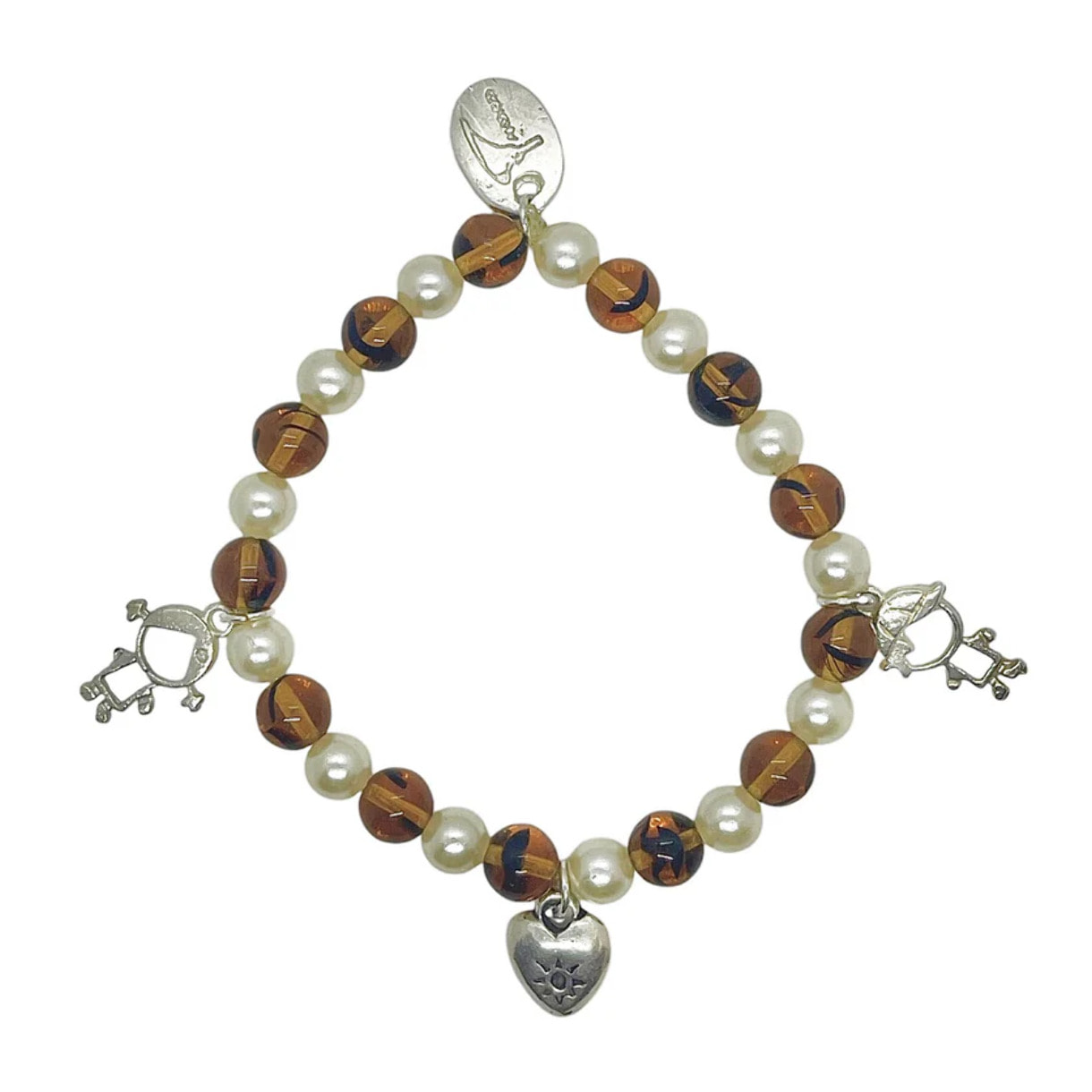 Pulsera elásrtica mix ambar y perla con charms "Mum" en plata 10µ