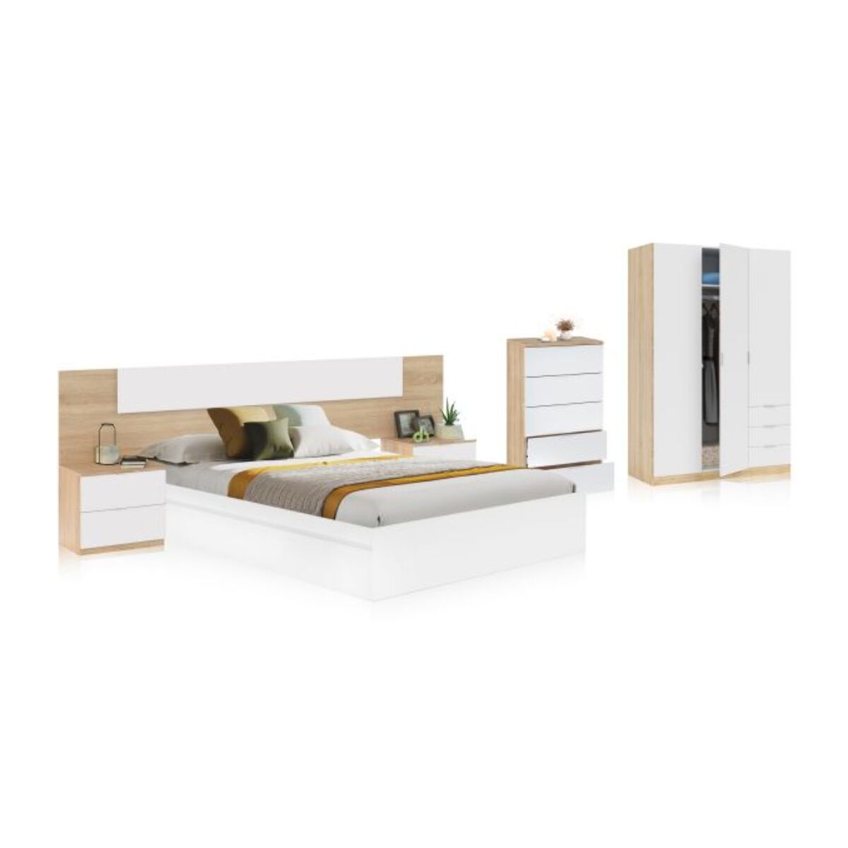 Dormitorio Akari 5C Max Blanco Artik (Blanco Mate) - Roble Canadian