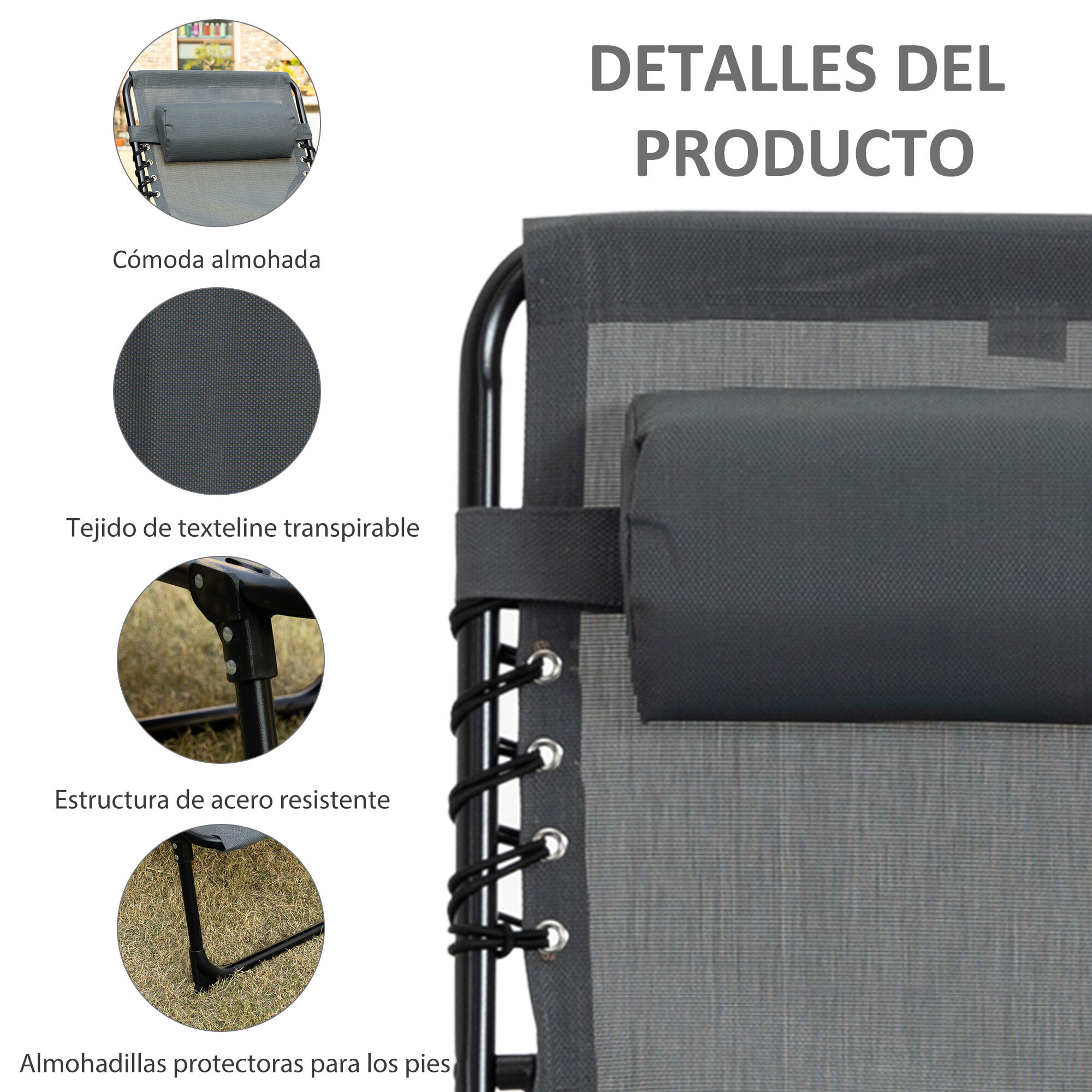 Tumbona Plegable Tumbona Jardín Exterior con Respaldo Ajustable Reposacabezas Acolchado Bolsillo Lateral y Estructura de Acero 185x58x30 cm Gris