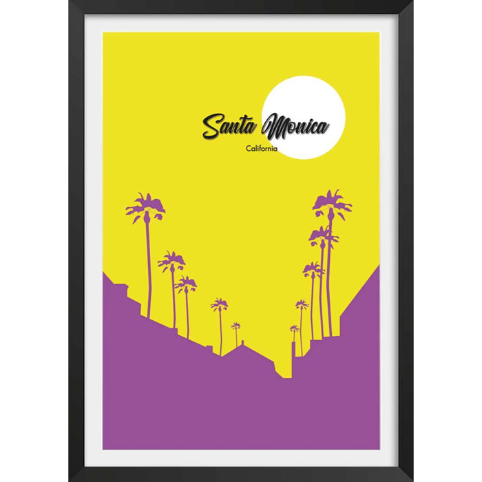 Affiche graphique santa monica californie Affiche + cadre en bois - Noir