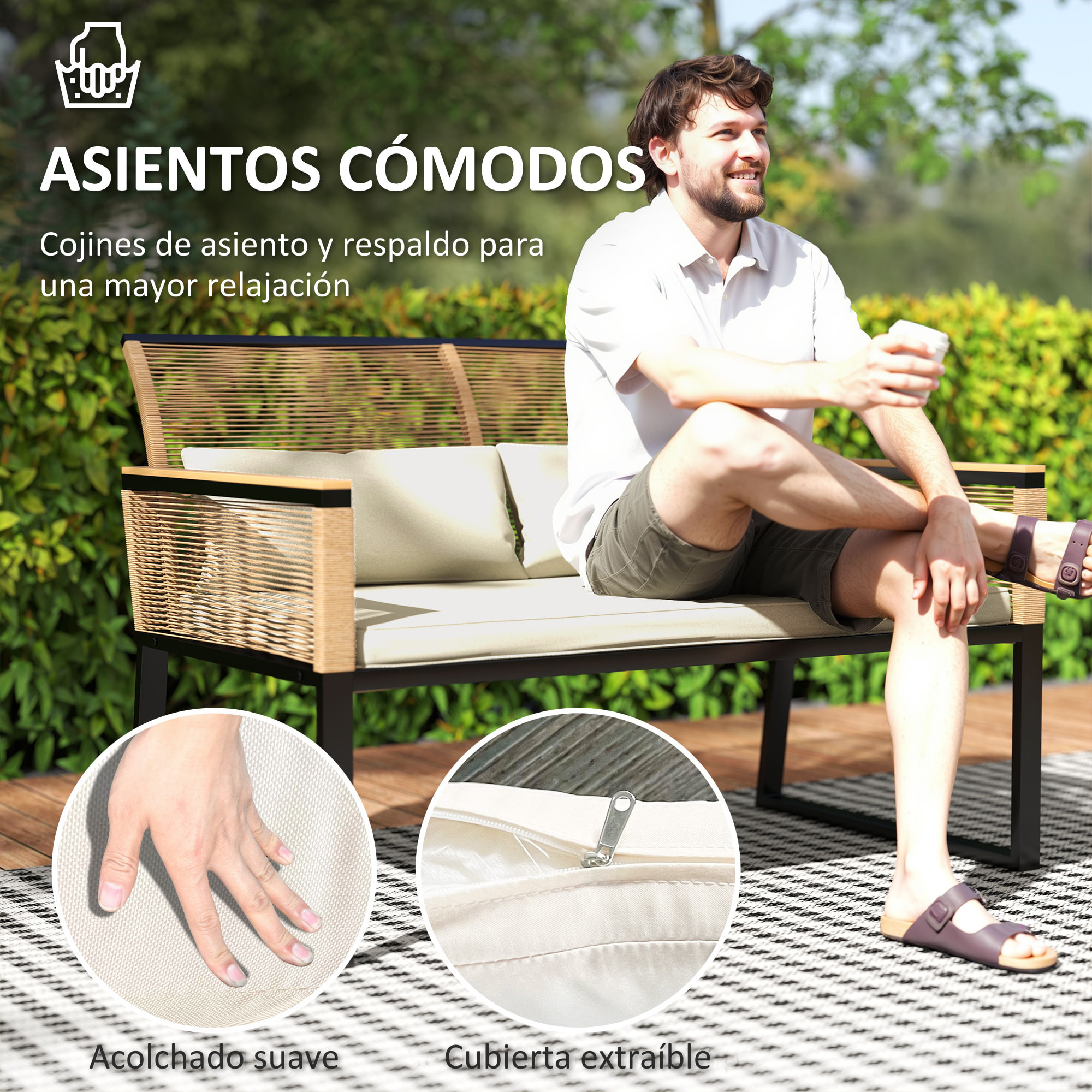 Conjunto de Jardín Exterior 4 Piezas de Ratán Sintético Muebles Jardín Exterior con 2 Sillones 1 Sofá de 2 Plazas y Mesa de Centro con Tablero de Vidrio Templado Natural y Crema