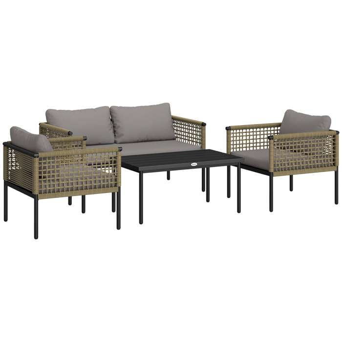 Conjunto de Jardín Exterior de Ratán Sintético de 4 Piezas Muebles de Jardín Exterior Incluye 1 Sofá Doble 2 Sillones y Mesa de Centro con Cojines Natural y Gris