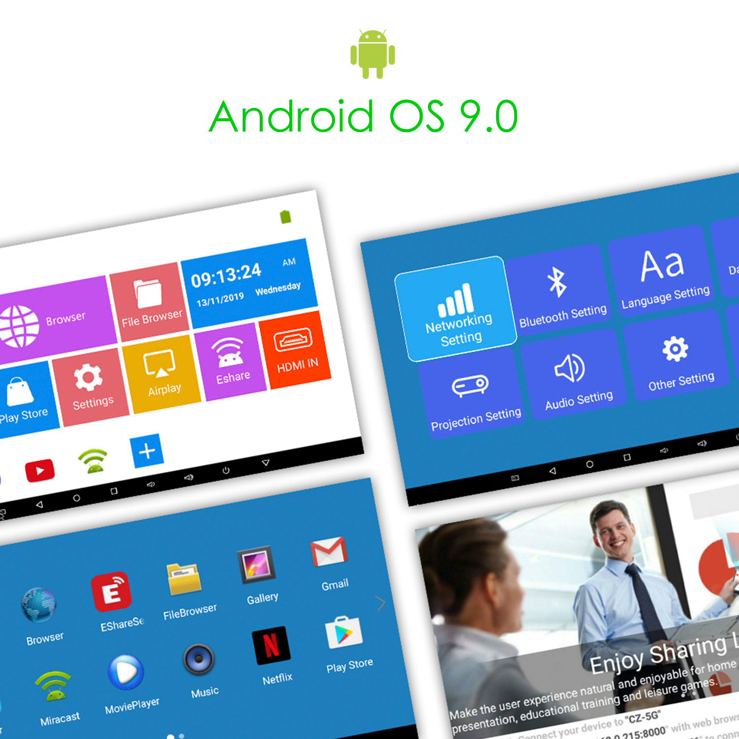 Mini videoproiettore LED portatile P11, DLP. Android 9.0, Wi-Fi, pannello touch. Batteria ricaricabile. Clonazione schermo. Netflix, YouTube, ecc.