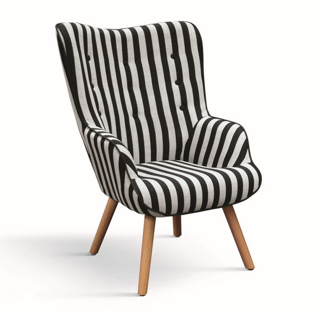Poltrona HAVANA in tessuto a righe bianco e nero e gambe in legno