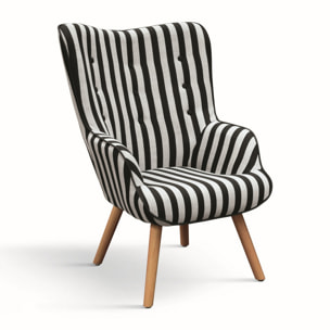 Poltrona HAVANA in tessuto a righe bianco e nero e gambe in legno