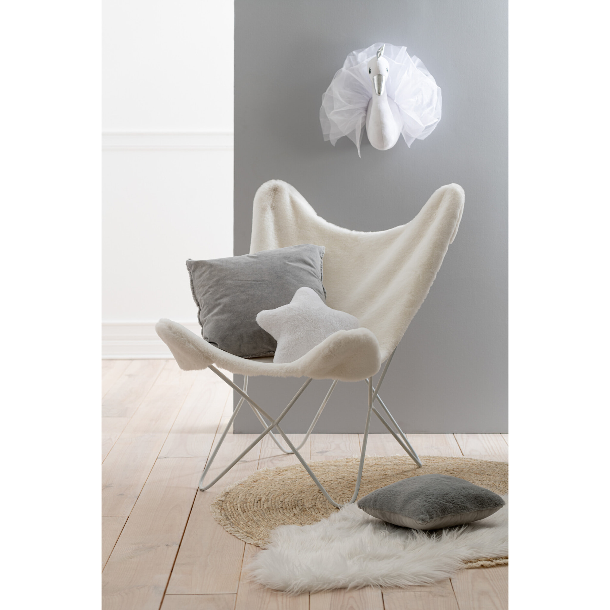 J-Line décoration murale Cygne - peluche - blanc/argent
