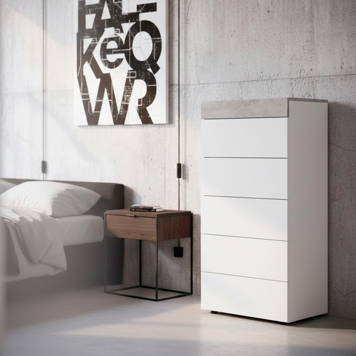 Comò Cassettiera Per Camera Da Letto Settimino Con 5 Cassetti Design Moderno Salvaspazio Mobile Comodino 110 x 40 x 61 Cm Bianco E Grigio Cemento