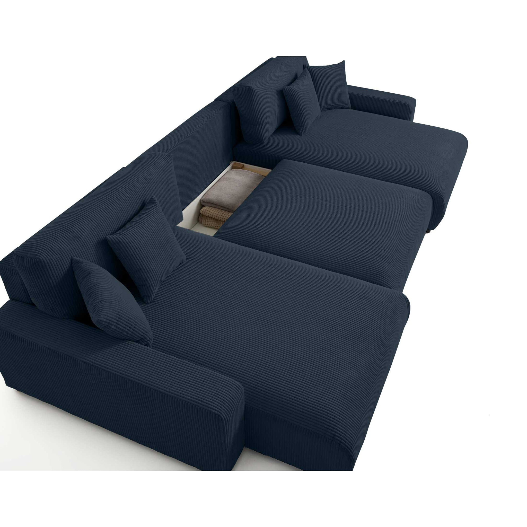 Pivoine - canapé panoramique en U - 7 places - convertible avec coffre - en velours côtelé - Bleu nuit