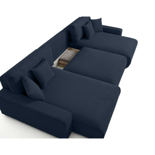 Pivoine - canapé panoramique en U - 7 places - convertible avec coffre - en velours côtelé - Bleu nuit