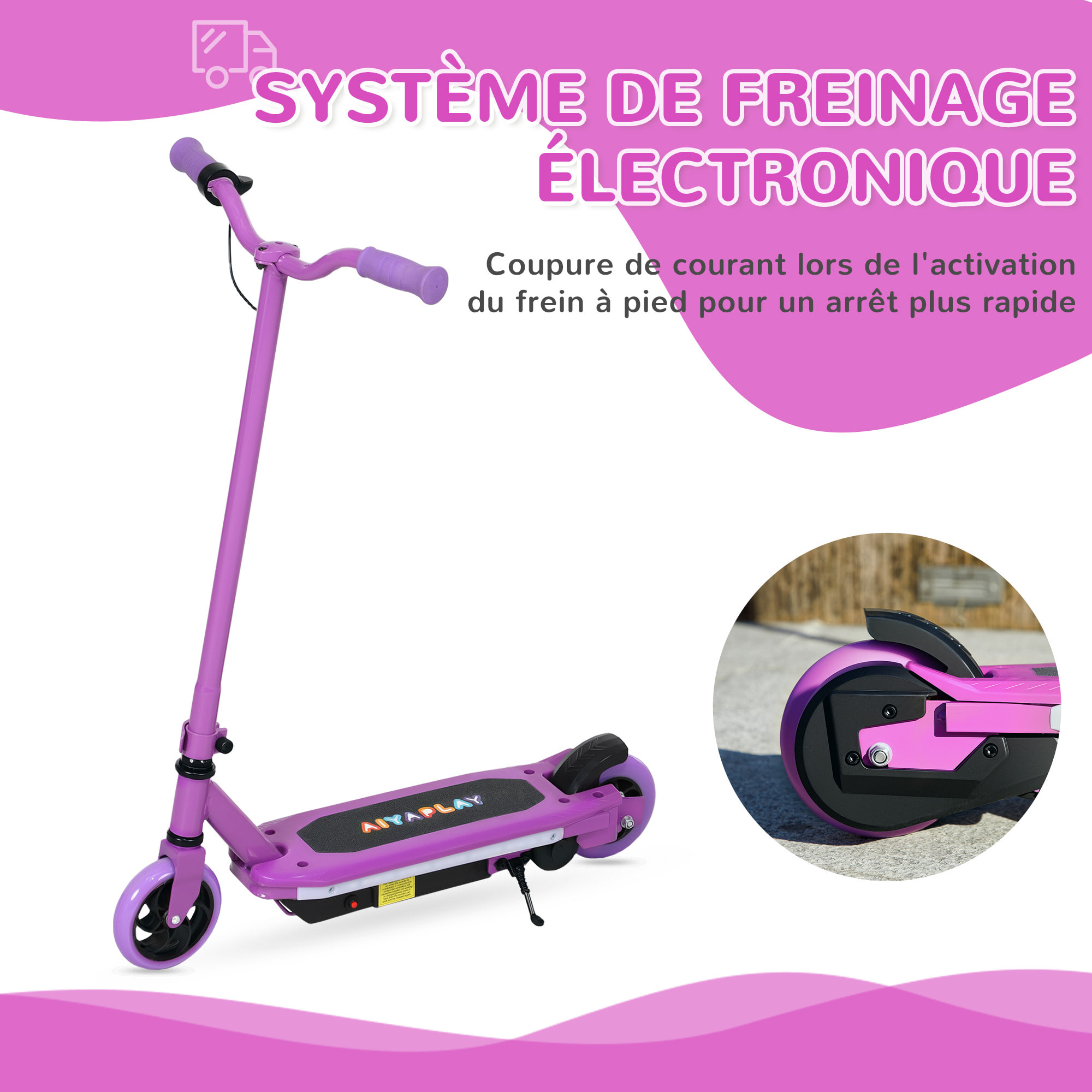 Trottinette électrique enfant LED multicolore max. 10Km/h autonomie 8Km béquille acier mauve
