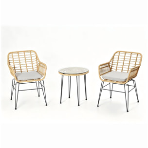 Ensemble de jardin 2 fauteuils et table basse effet rotin naturel LUGO
