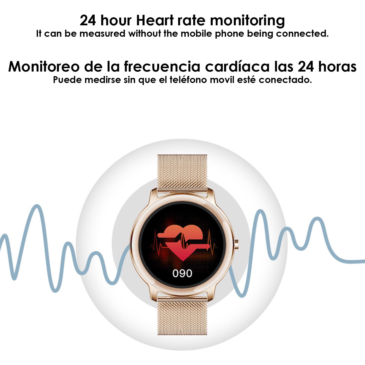 Smartwatch R18 con monitor cardiaco dinámico, tensión, oxígeno en sangre y notificaciones.